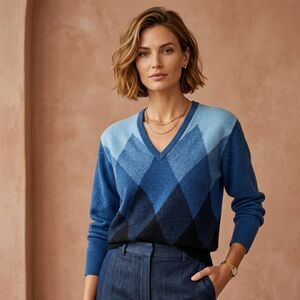 VTG Ballantyne Of Peebles Pure Cashmere 42 M V-Neck Sweater Argyle Jacquard 60s